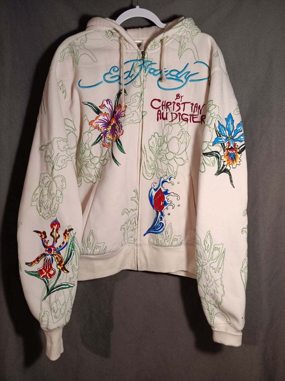 Ed Hardy Christian Audigier Ivory Full Zip Sweater Jacket Cotton Men's 3XL Y2K